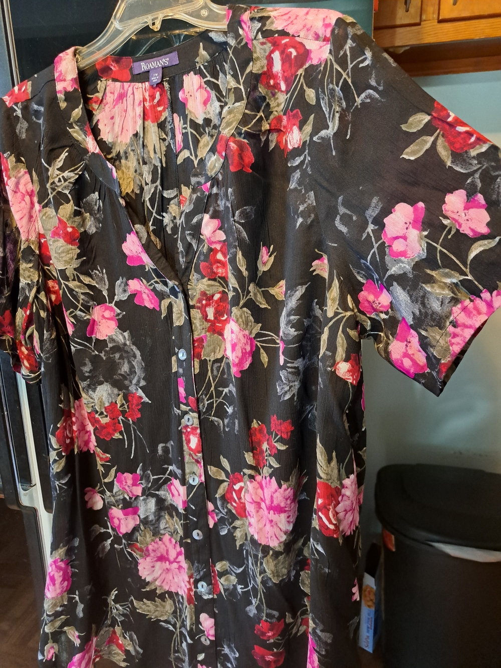 Roaman's Black Floral Blouse with Pink & Magenta Blooms